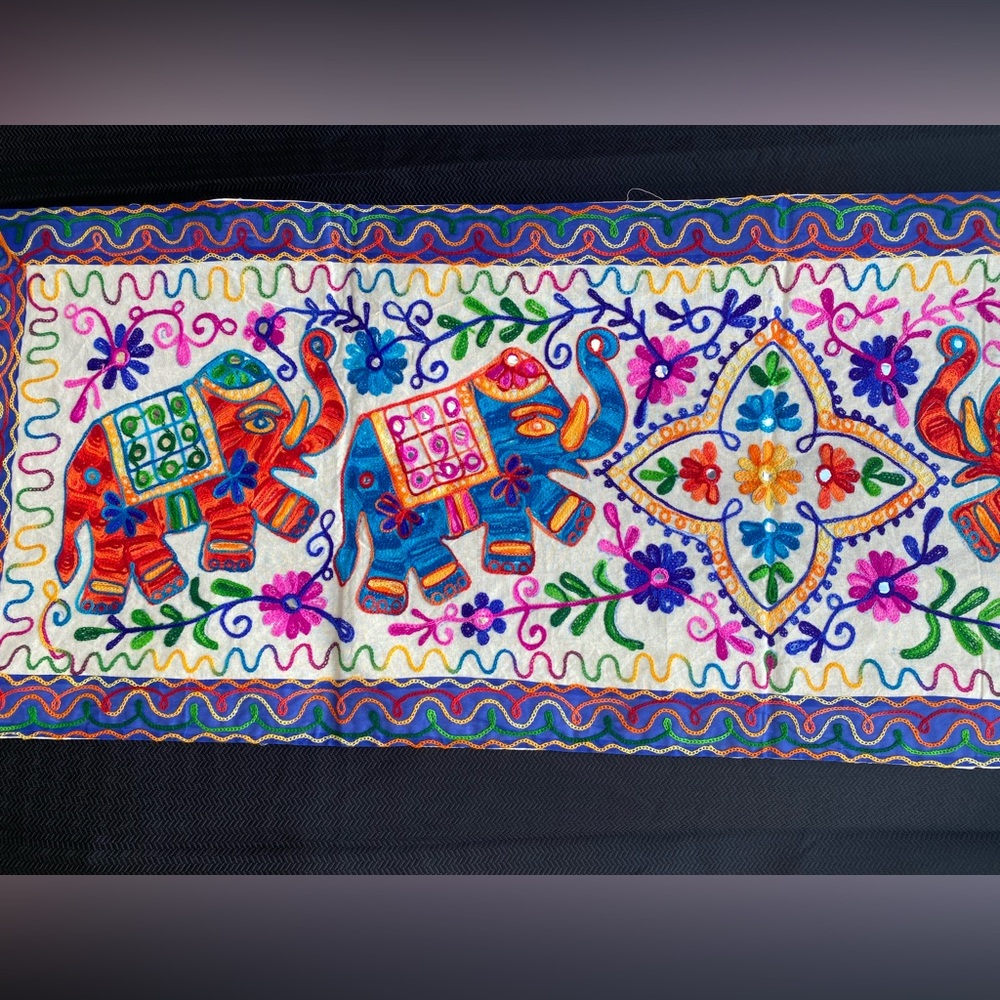 Handcrafted Embroidered Elephant Table Runner Wall Tapestry